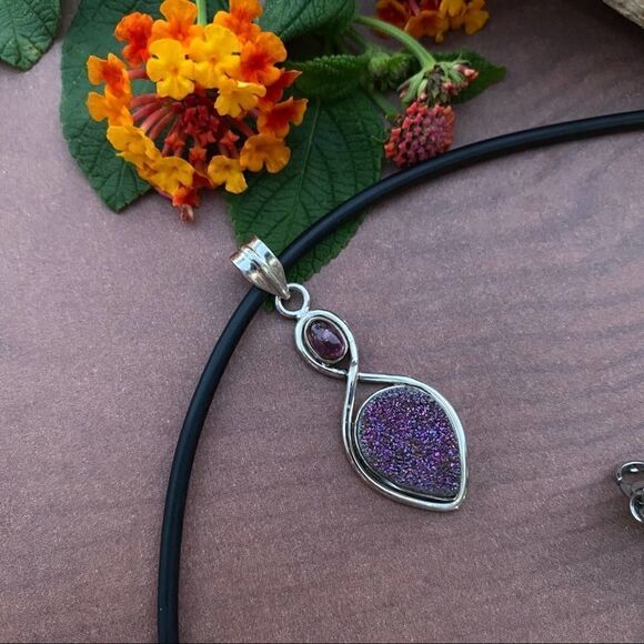 Titanium Aura Druzy & Pink Tourmaline Pendant Necklace - Picture 4 of 6